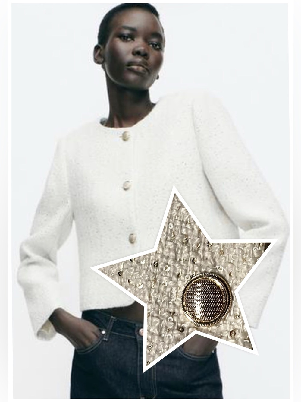 Zara Gold Speckled Cropped Cream Blazer, Golden Metallic Thread Buttons Long Slv